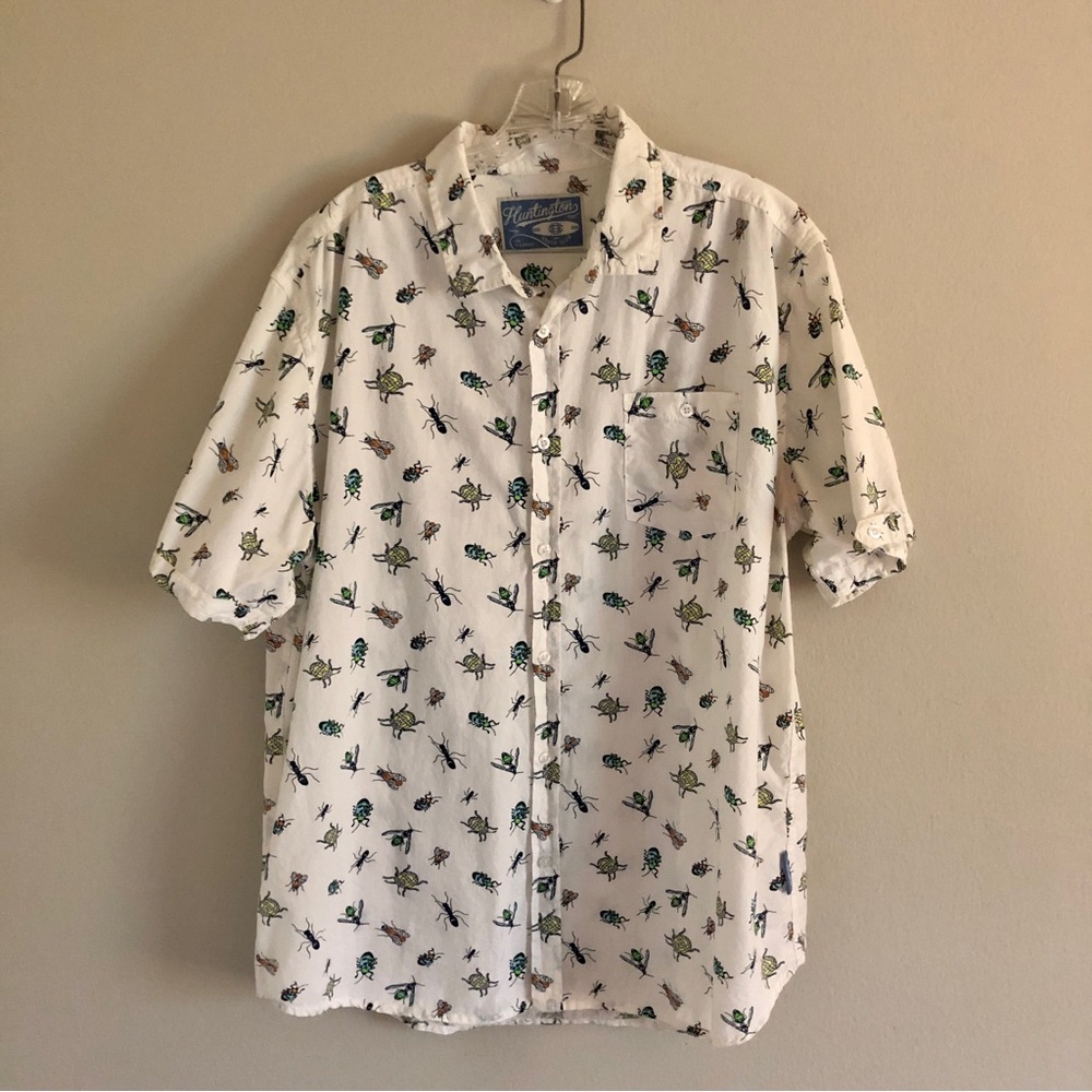 Vintage White Short-Sleeve Button-Down Shirt with insects